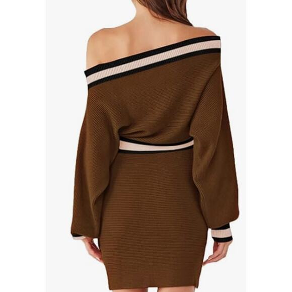 Off the Shoulder Boat Neck Contrast Long Sleeve Knit Belted Sweater Dress Size M - Picture 2 of 14